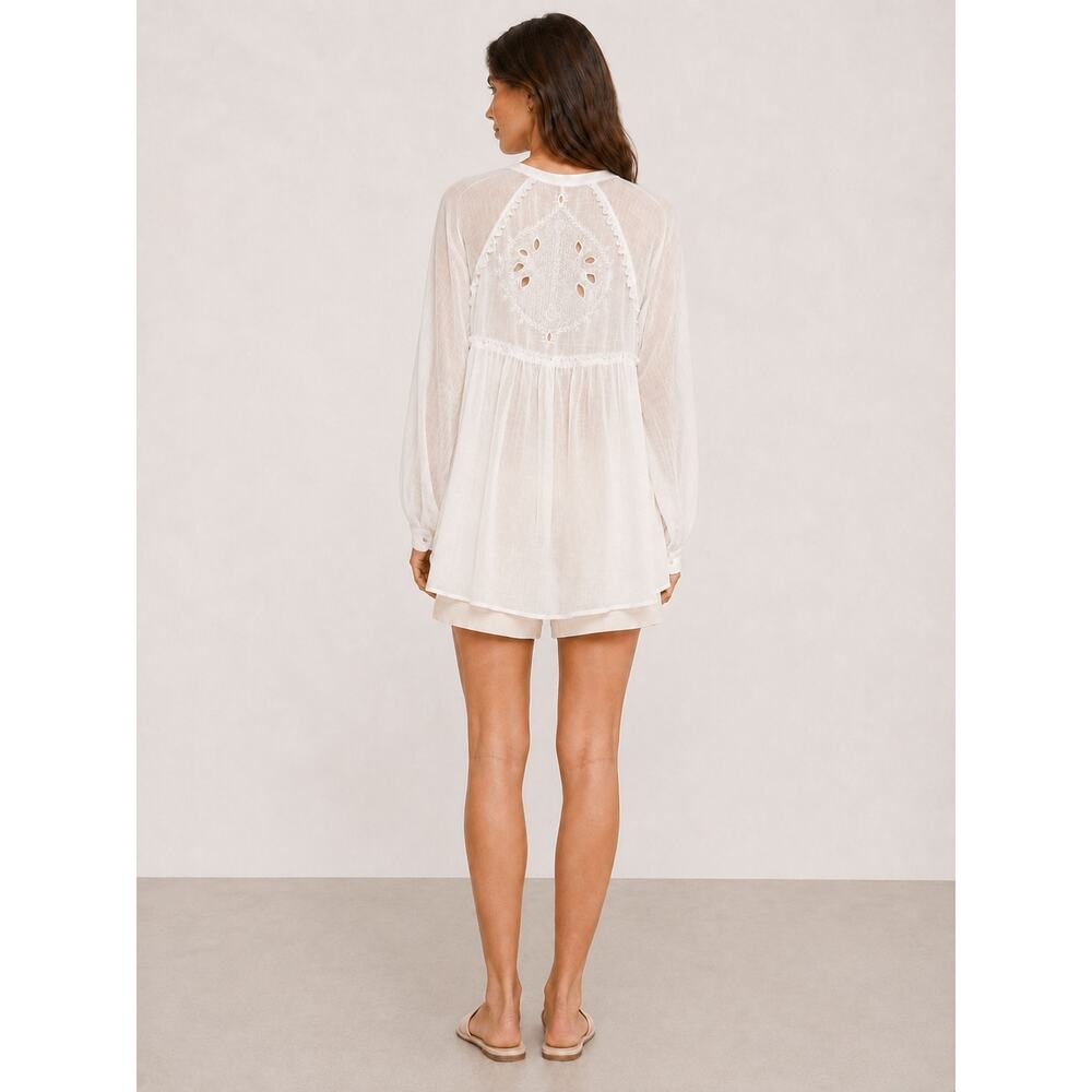 Free People Ivory Button Up High Low Tunic Embroidered Cutout Back M - Picture 2 of 14